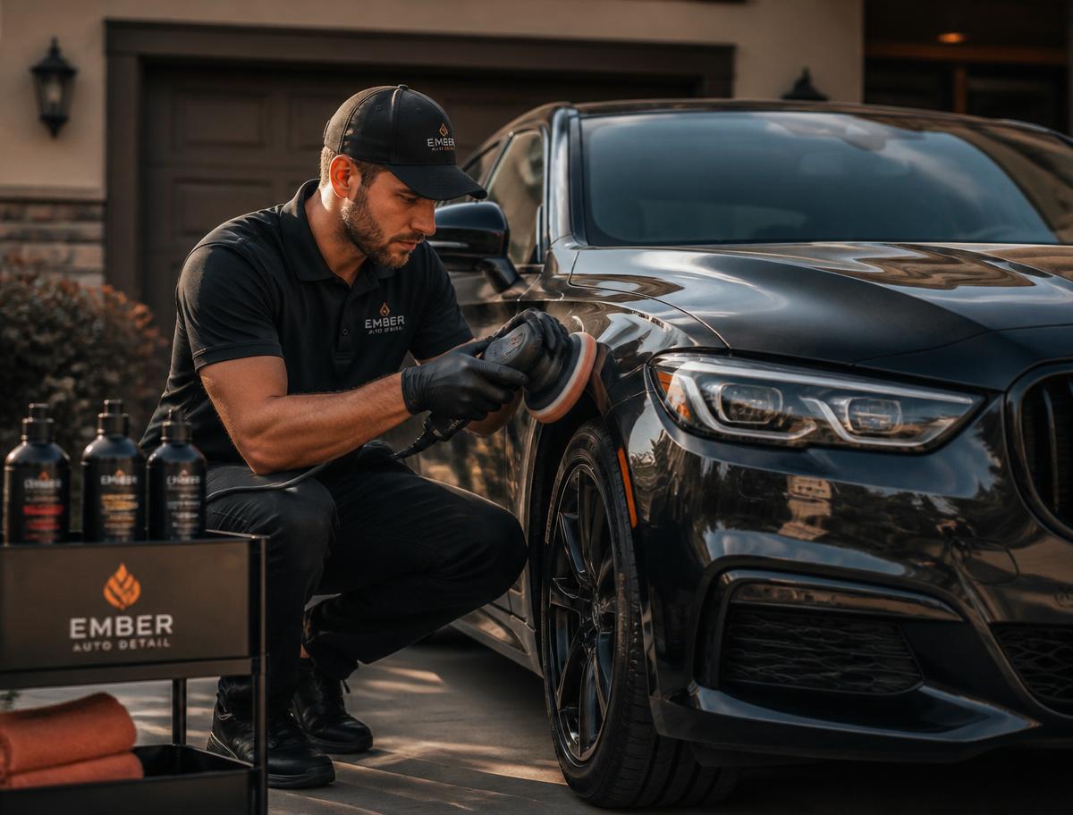 Detailer carefully polishing a car in a driveway